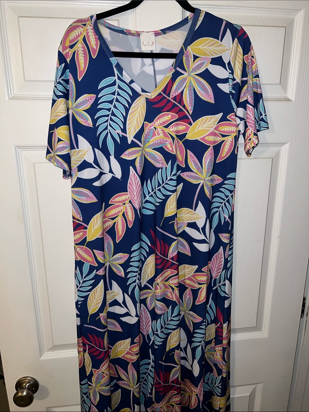 LuLaRoe Navy Floral Leaf-Print V-Neck Maxi Dress